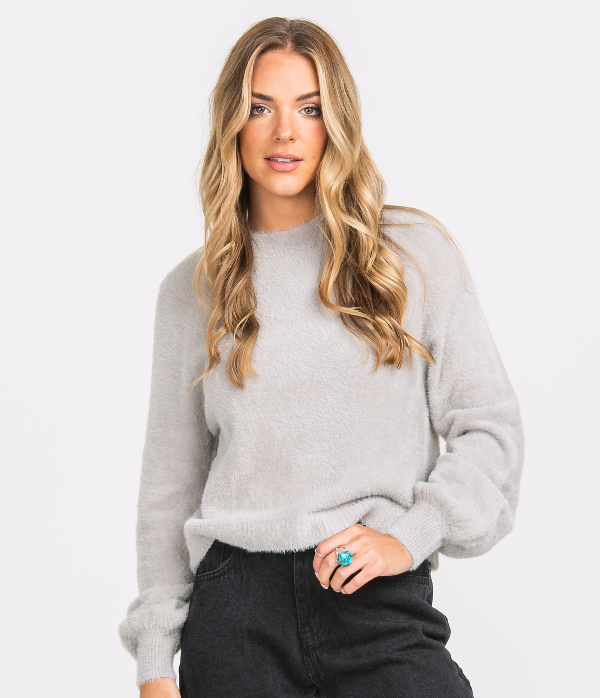 Cropped Feather Knit Sweater - Overcast - Image 1