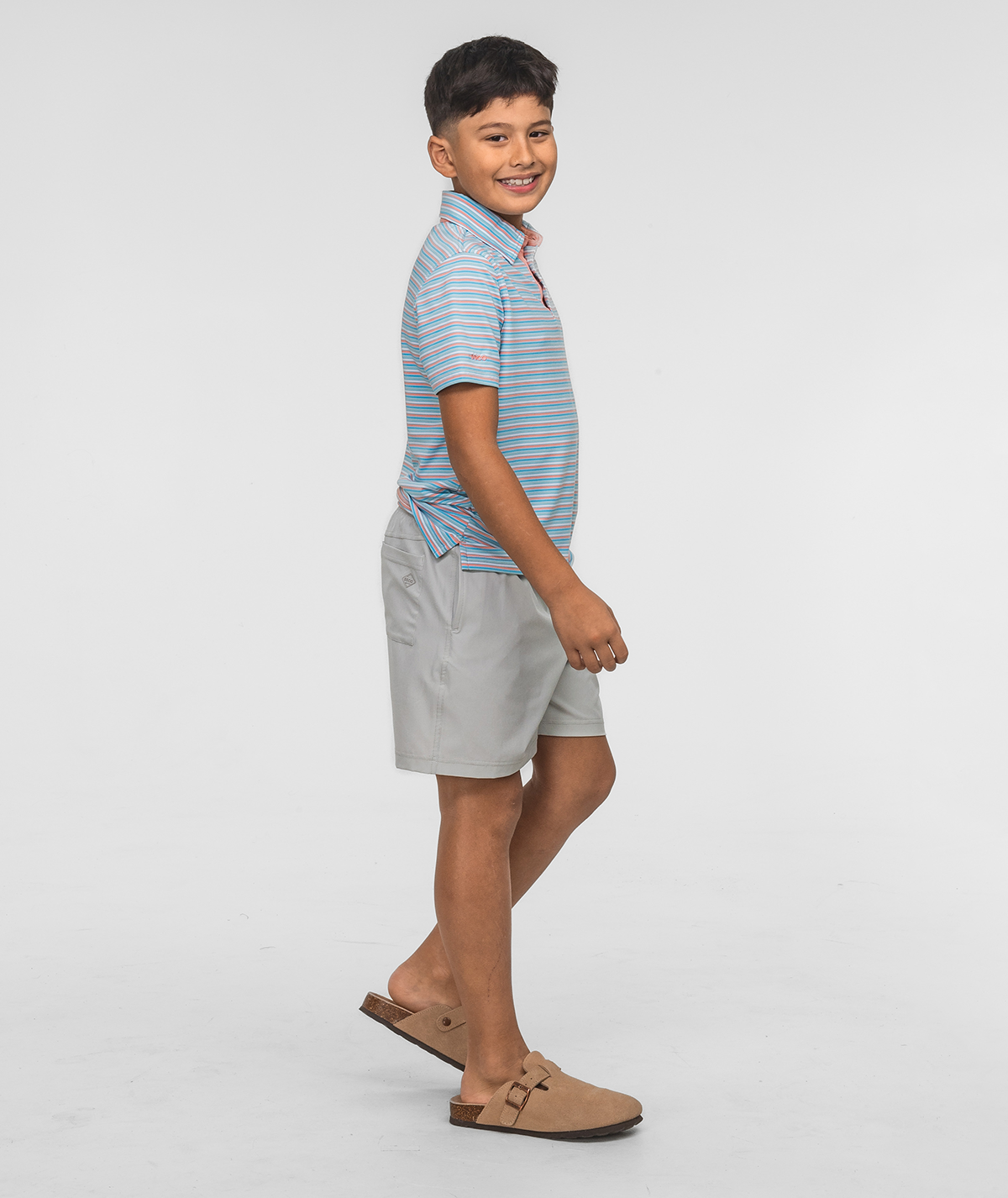 Boys Grant Striped Polo - Island Coral - Image 1