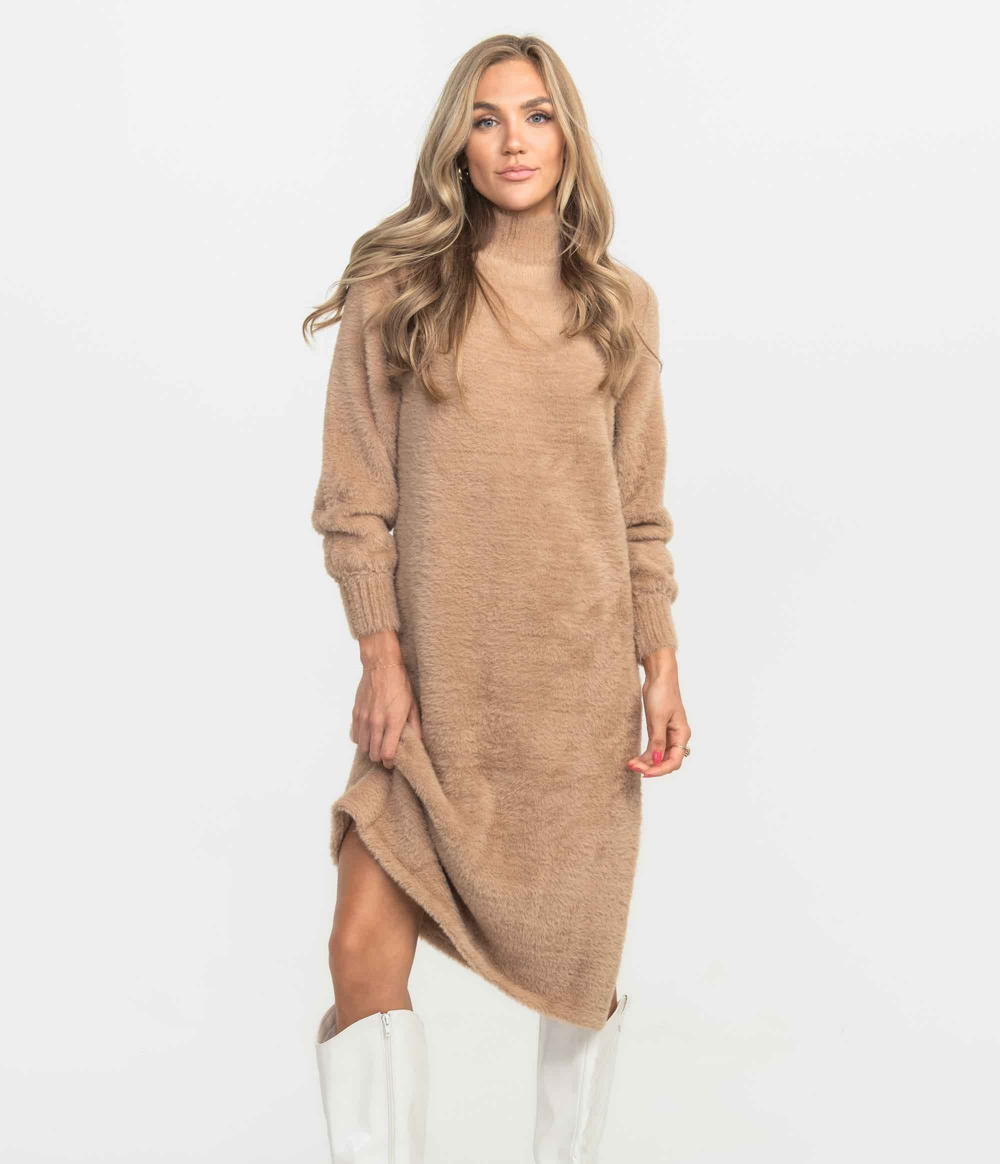 Turtleneck Midi Sweater Dress - Mocha Tan - Image 1