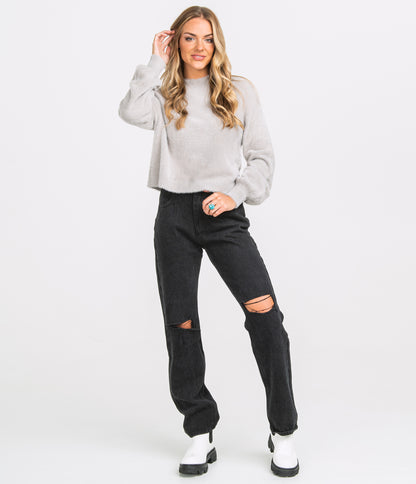 Cropped Feather Knit Sweater - Overcast - image 2
