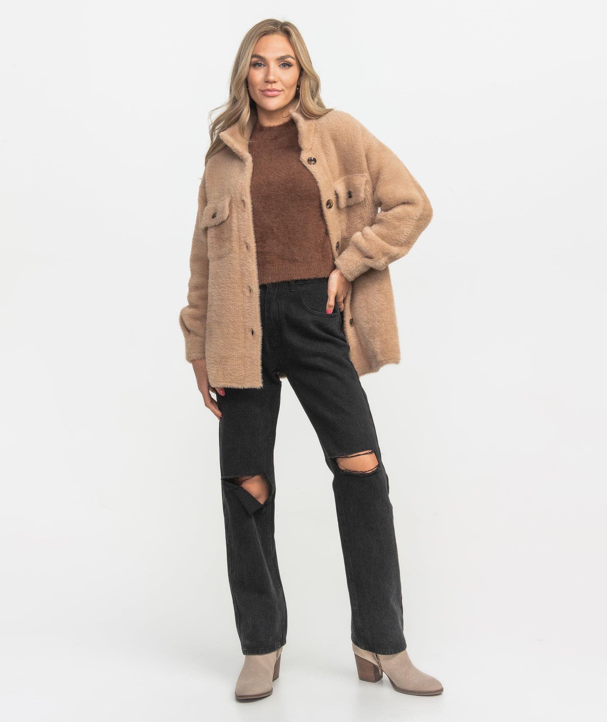 Feather Knit Shacket - Mocha Tan - Image 1