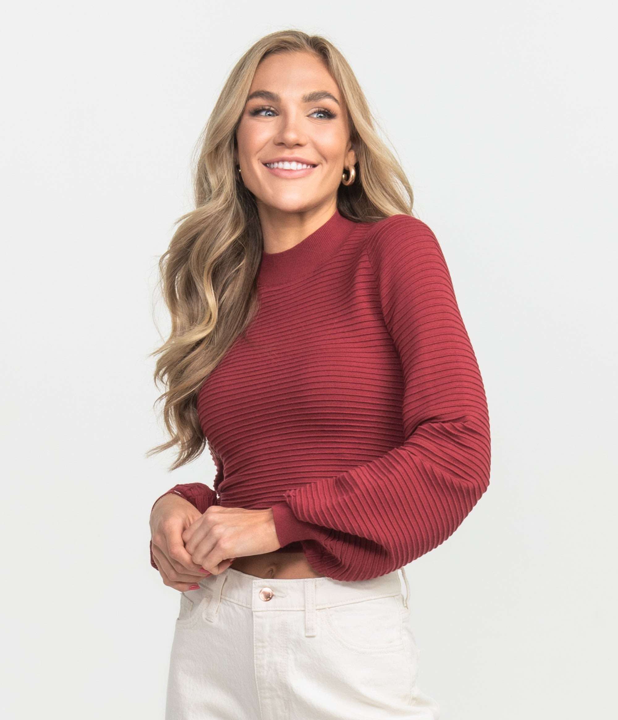 Mock Neck Knit Top - Crimson - Image 1
