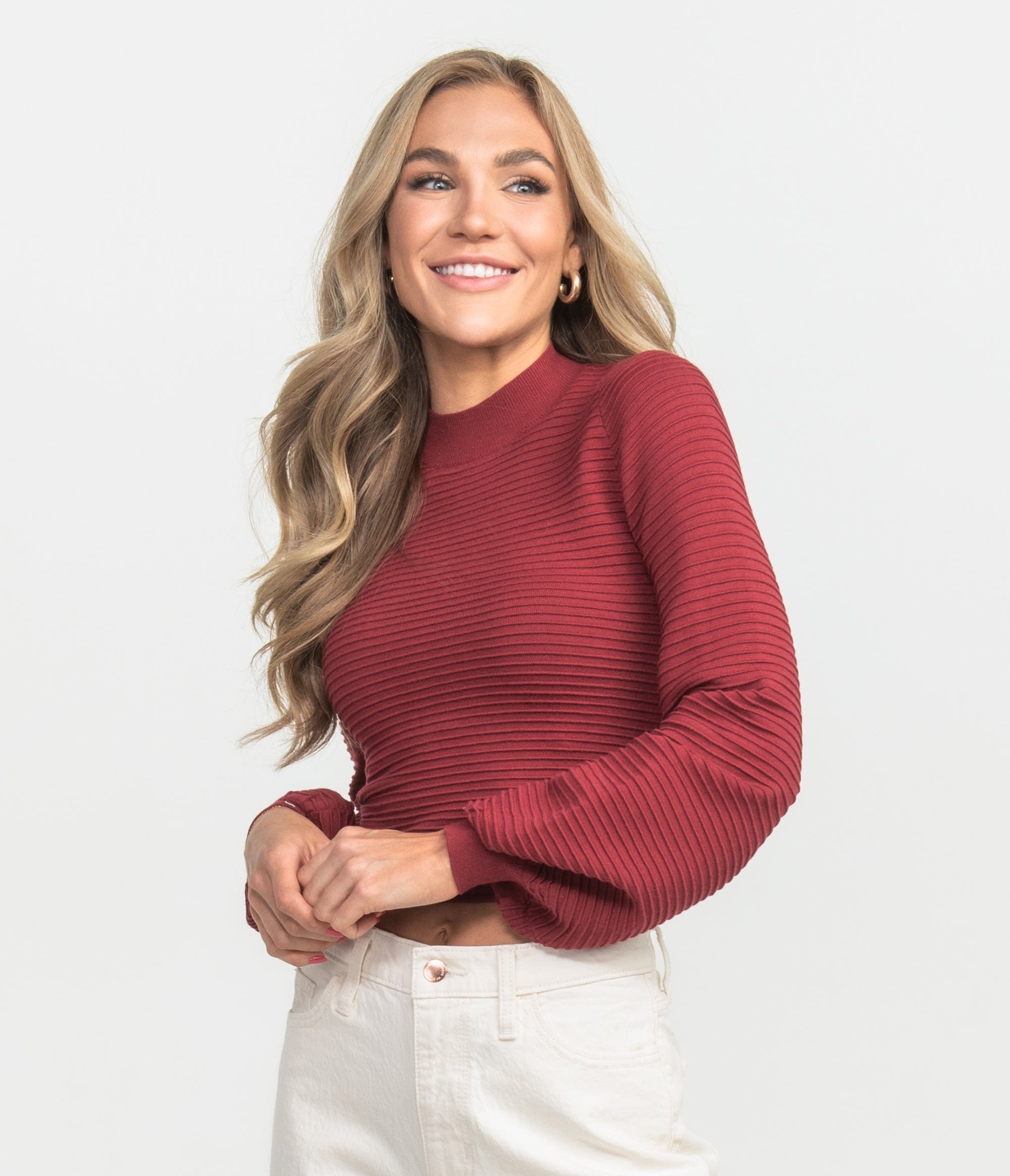 Mock Neck Knit Top - Crimson