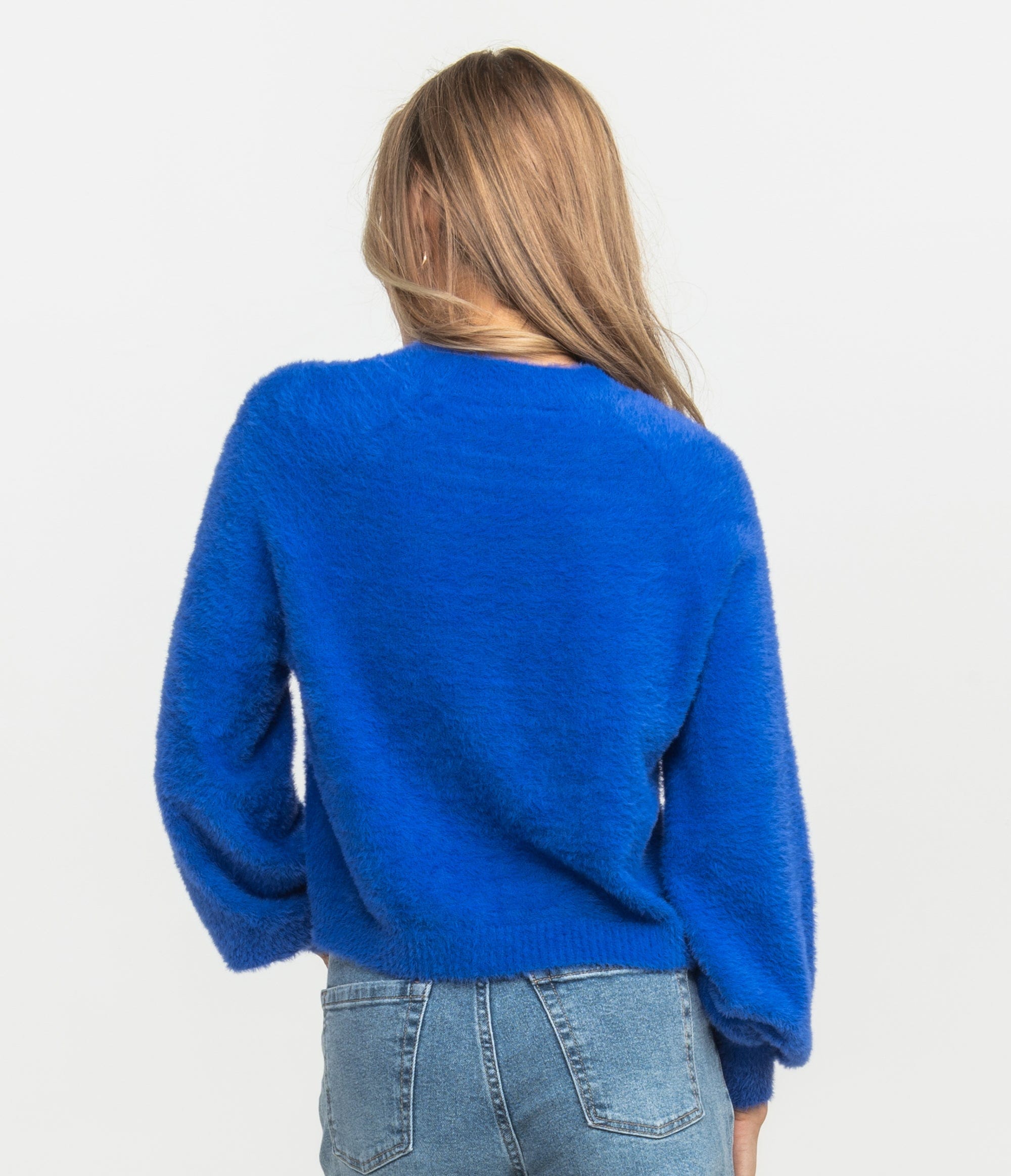 Cropped Feather Knit Sweater - Dazzling Blue