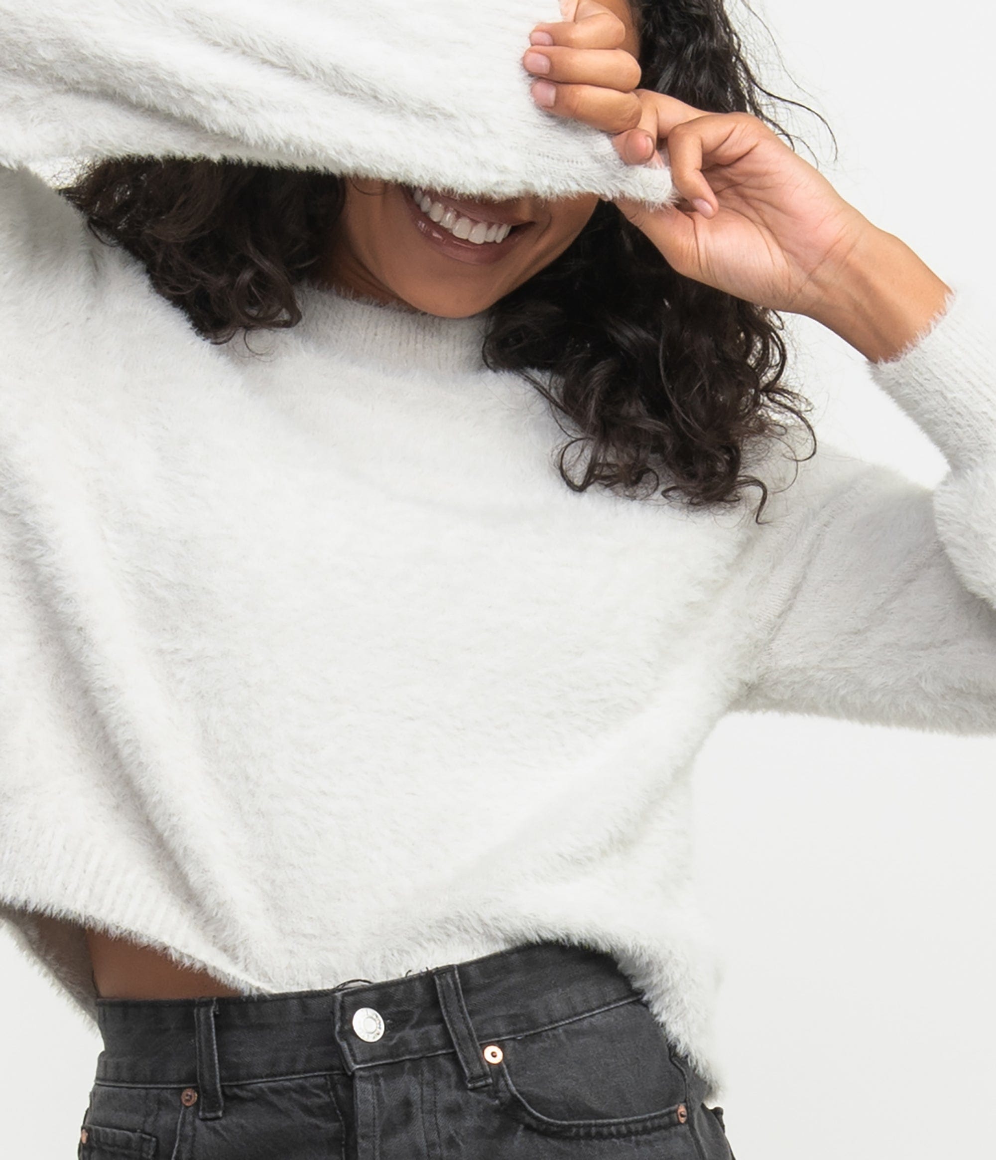 Cropped Feather Knit Sweater - Stone