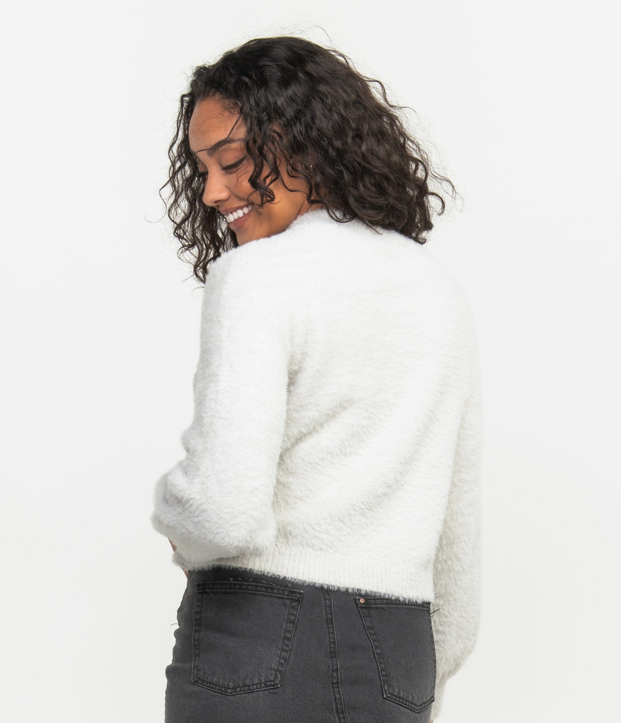 Cropped Feather Knit Sweater - Stone