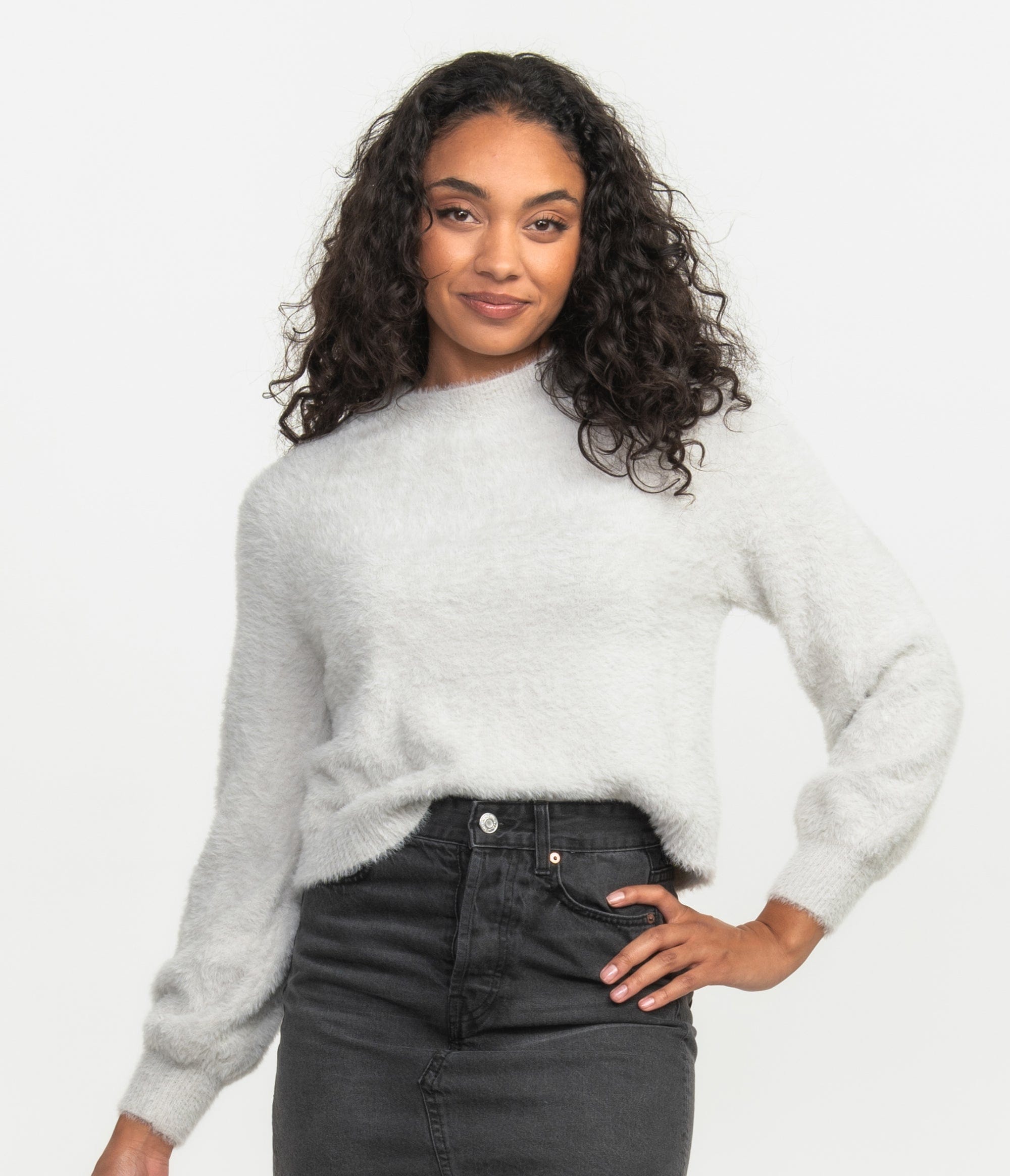 Cropped Feather Knit Sweater - Stone