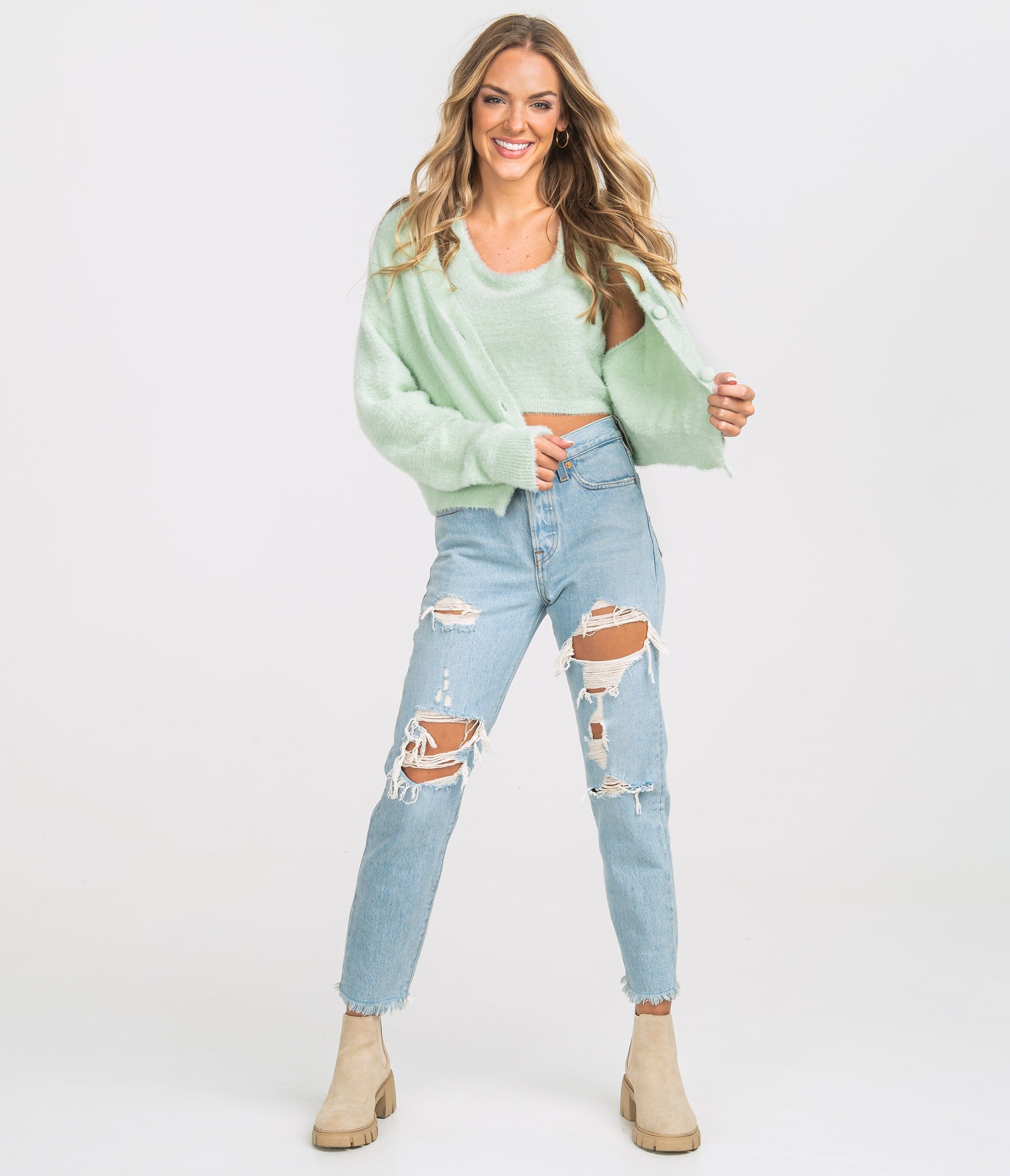 Feather Knit Cardi Cami Set - Mint Julep